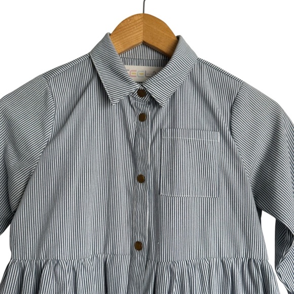 Teela Denim Pinstripe Tiered Dress Girls 12 Button Down Collared Knee Length - Picture 5 of 8